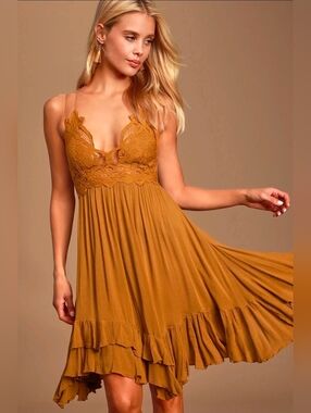 Free People Adella Slip Golden Yellow Lace Dress Boho Size XS-S